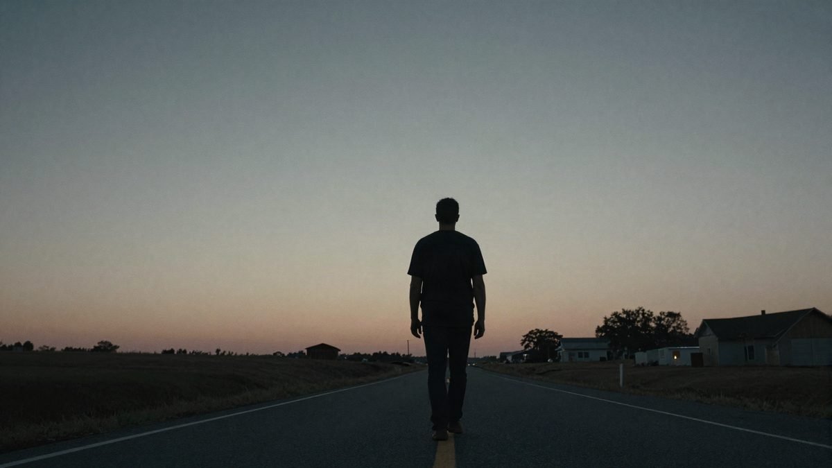 A lone figure walking an empty highway at dusk, seen from behind