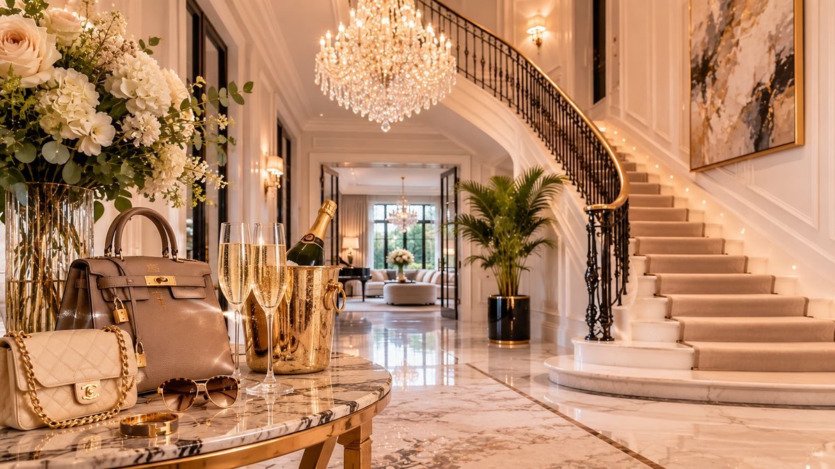 A luxury mansion foyer with a crystal chandelier, curved staircase and designer handbags