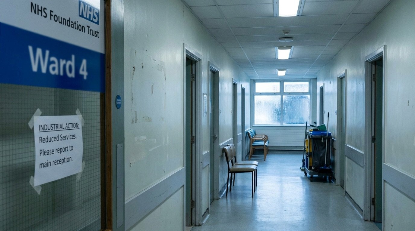 An empty hospital corridor with NHS signage during planned industrial action