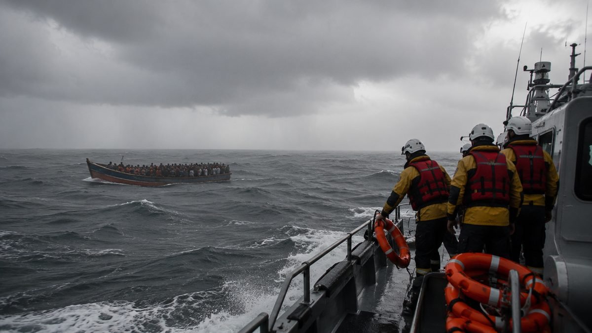 A rescue crew in survival suits watches an overcrowded wooden boat of migrants across stormy grey seas