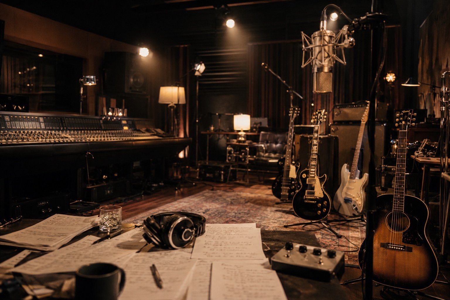 Electric guitars and vintage amplifiers in a small London recording studio
