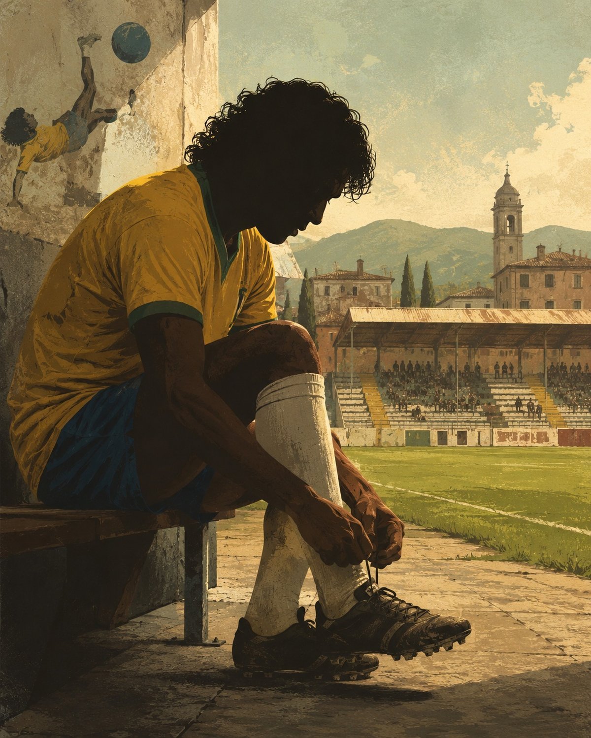 A football and floodlights above an empty lower-league stadium terrace, no identifiable people