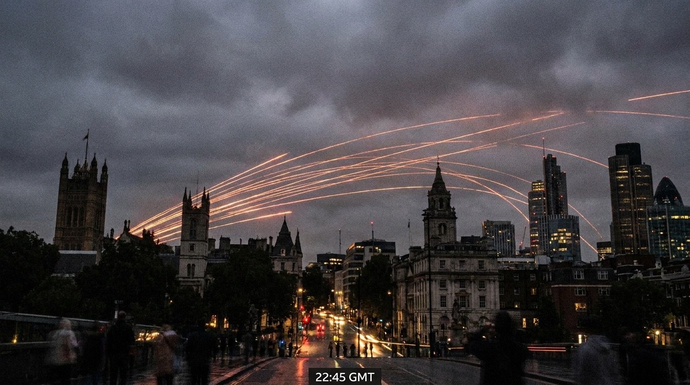 Air defence tracer fire lighting up the night sky over a city skyline