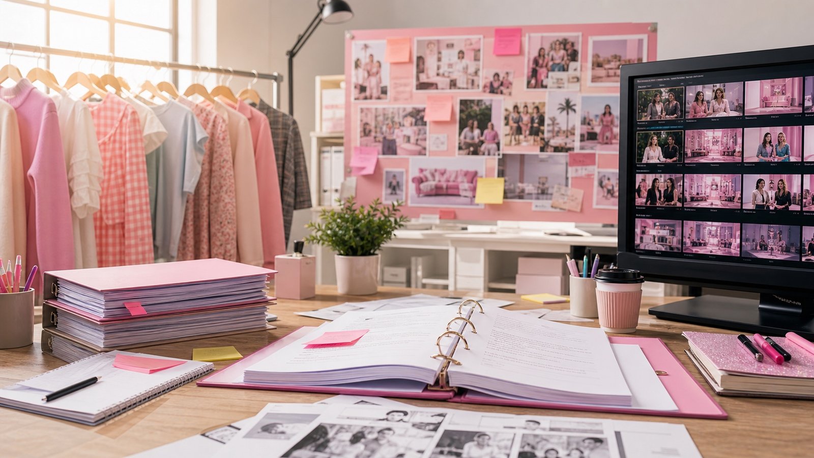 A bright production office with wardrobe racks, scripts and a studio monitor