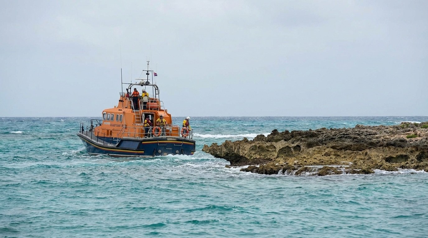 A coast guard vessel patrolling turquoise waters near a low-lying reef