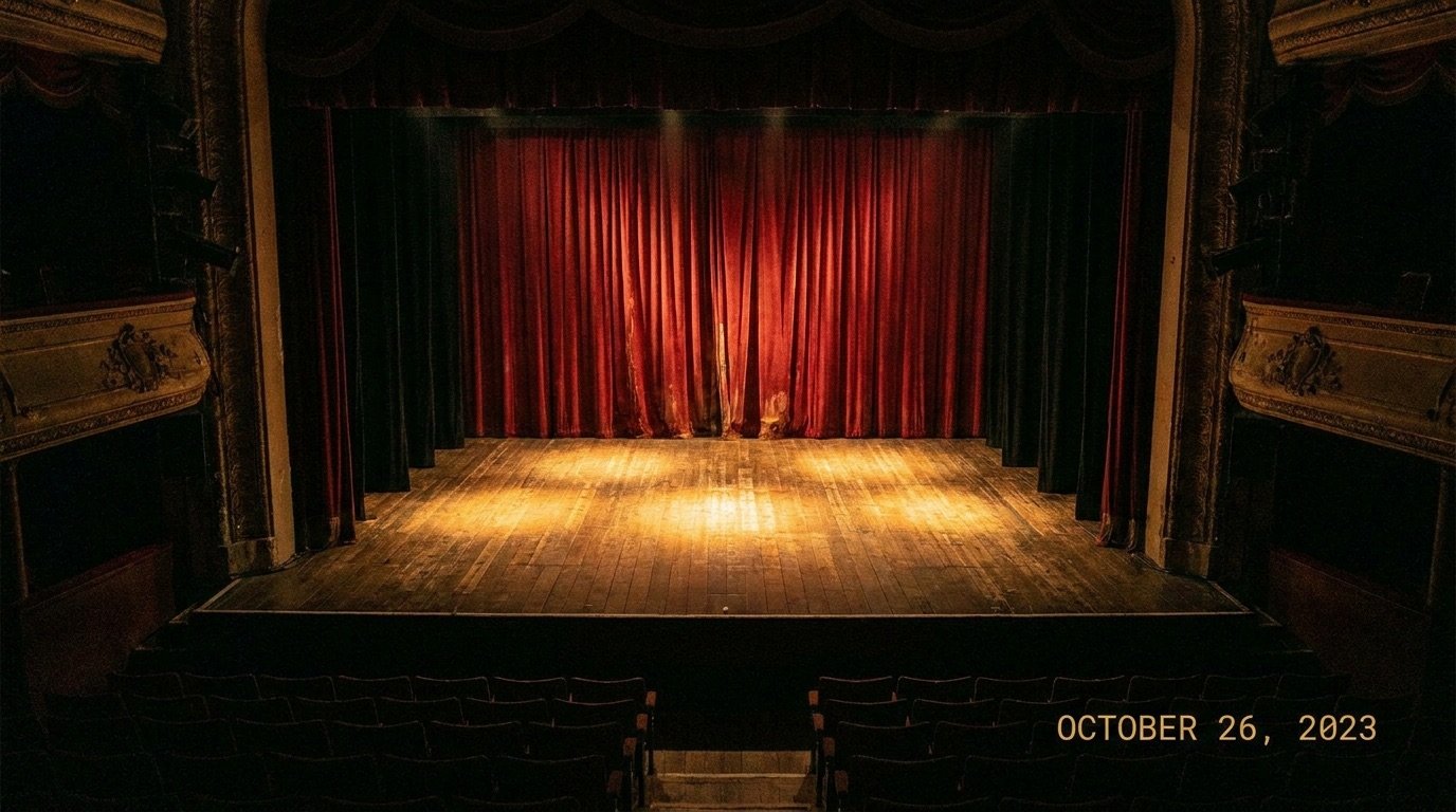 Empty theatre stage lit by warm spotlights with red curtains