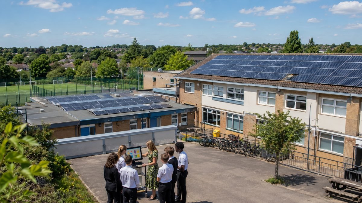 Secondary-school pupils and a teacher with a tablet look up at rooftop solar panels on a sunlit English school