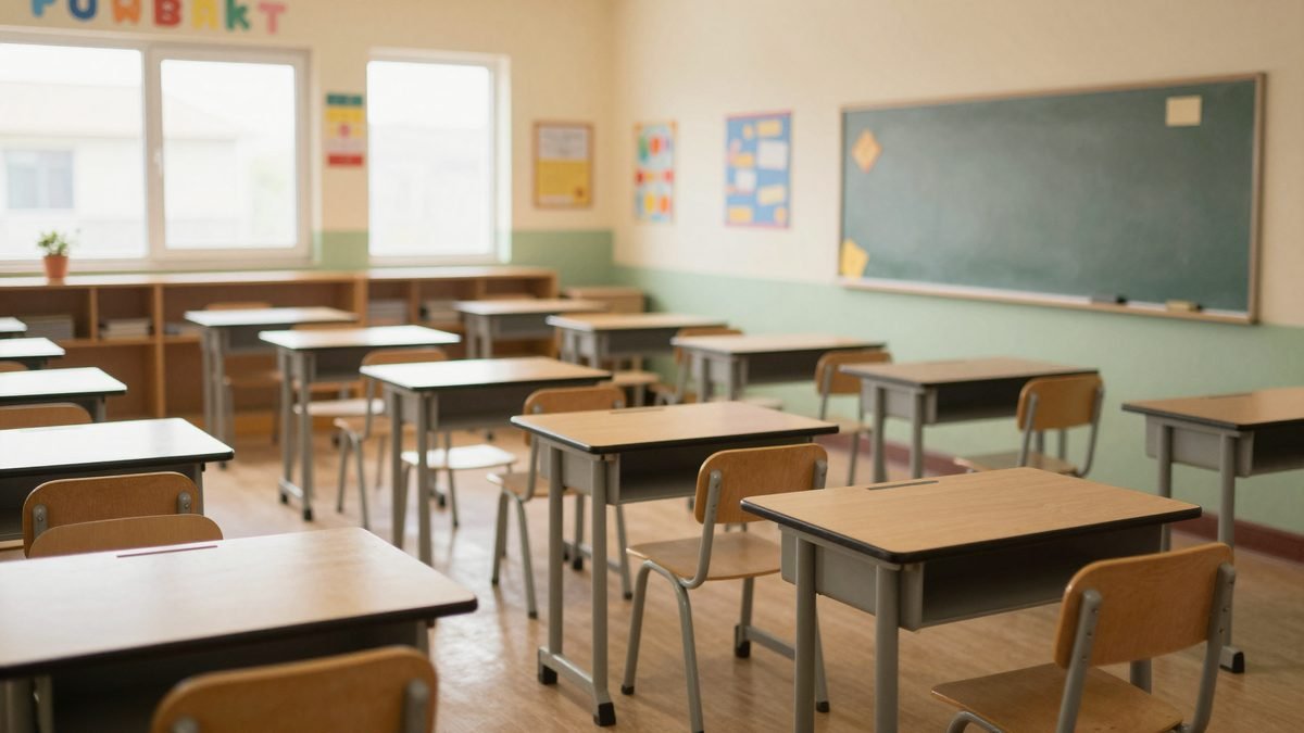 A bright primary school classroom with empty desks, colourful displays and low afternoon light