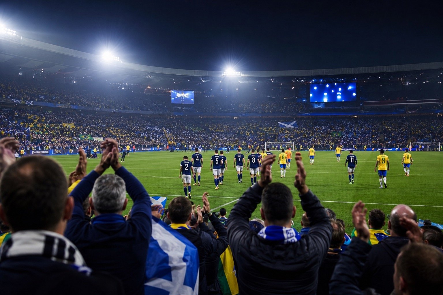 Scotland players applaud the Tartan Army after defeat to Brazil in Miami