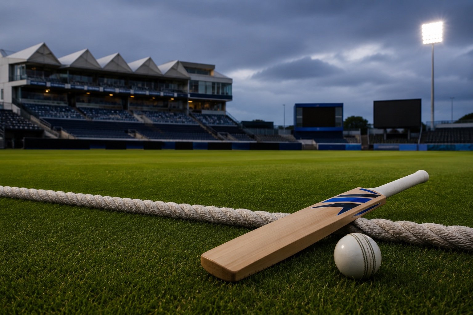 A cricket pitch and outfield at a stadium during a day match, no identifiable people