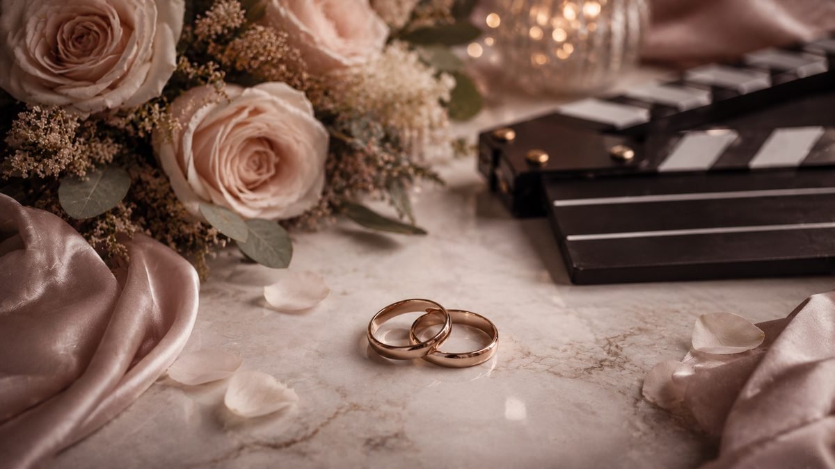 Two gold wedding rings with pink roses and a film clapperboard