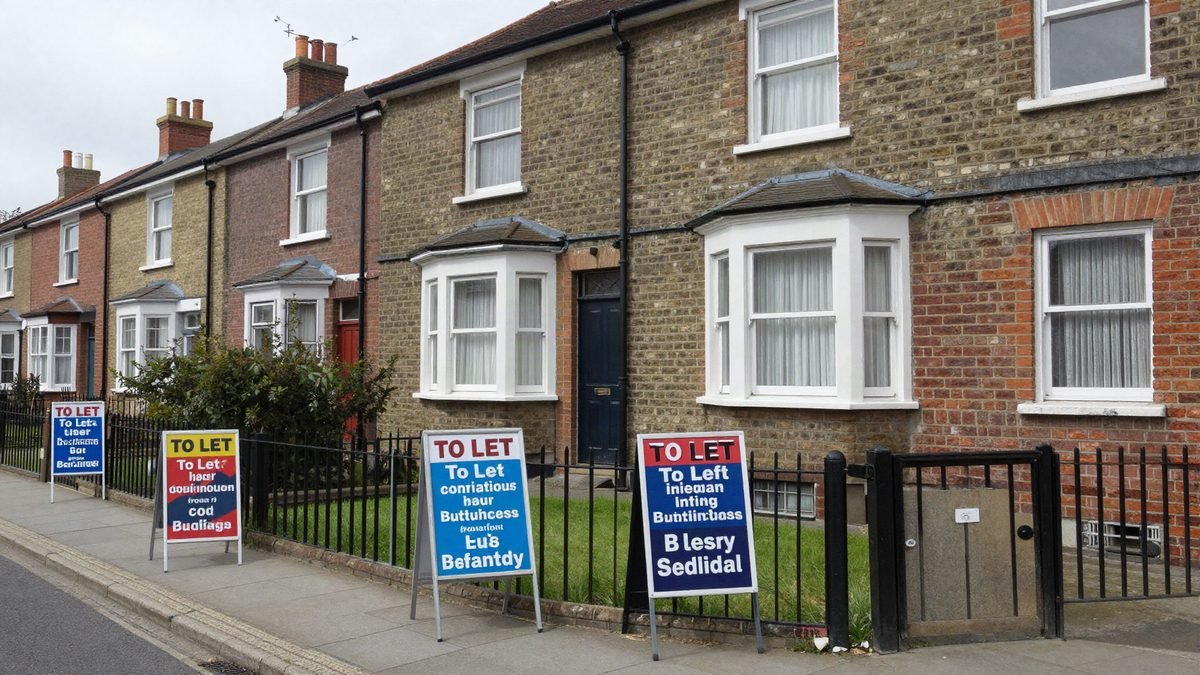 A row of UK terraced rental houses with To Let letting boards outside