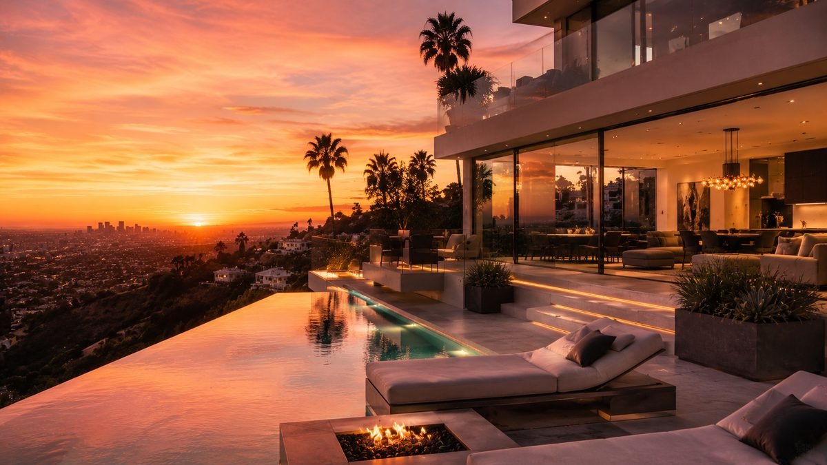 A modern Los Angeles hillside mansion with an infinity pool at sunset