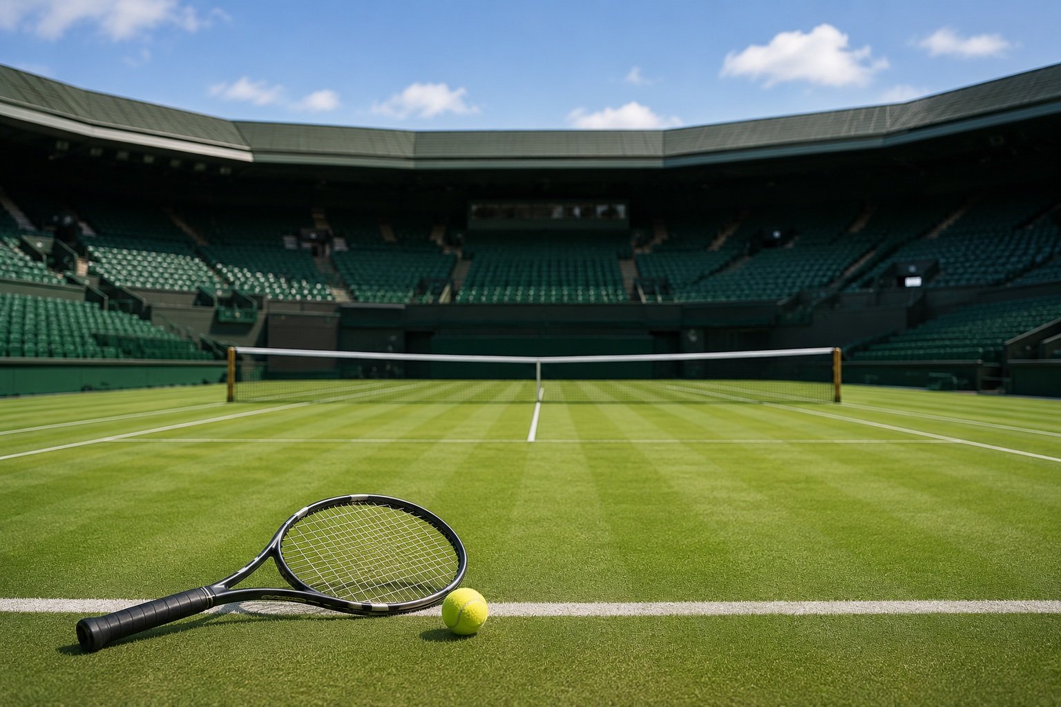 A tennis player in white serving on a manicured grass court under bright daylight