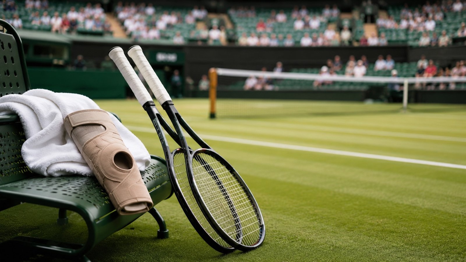 Empty Wimbledon doubles court with rackets resting by the net