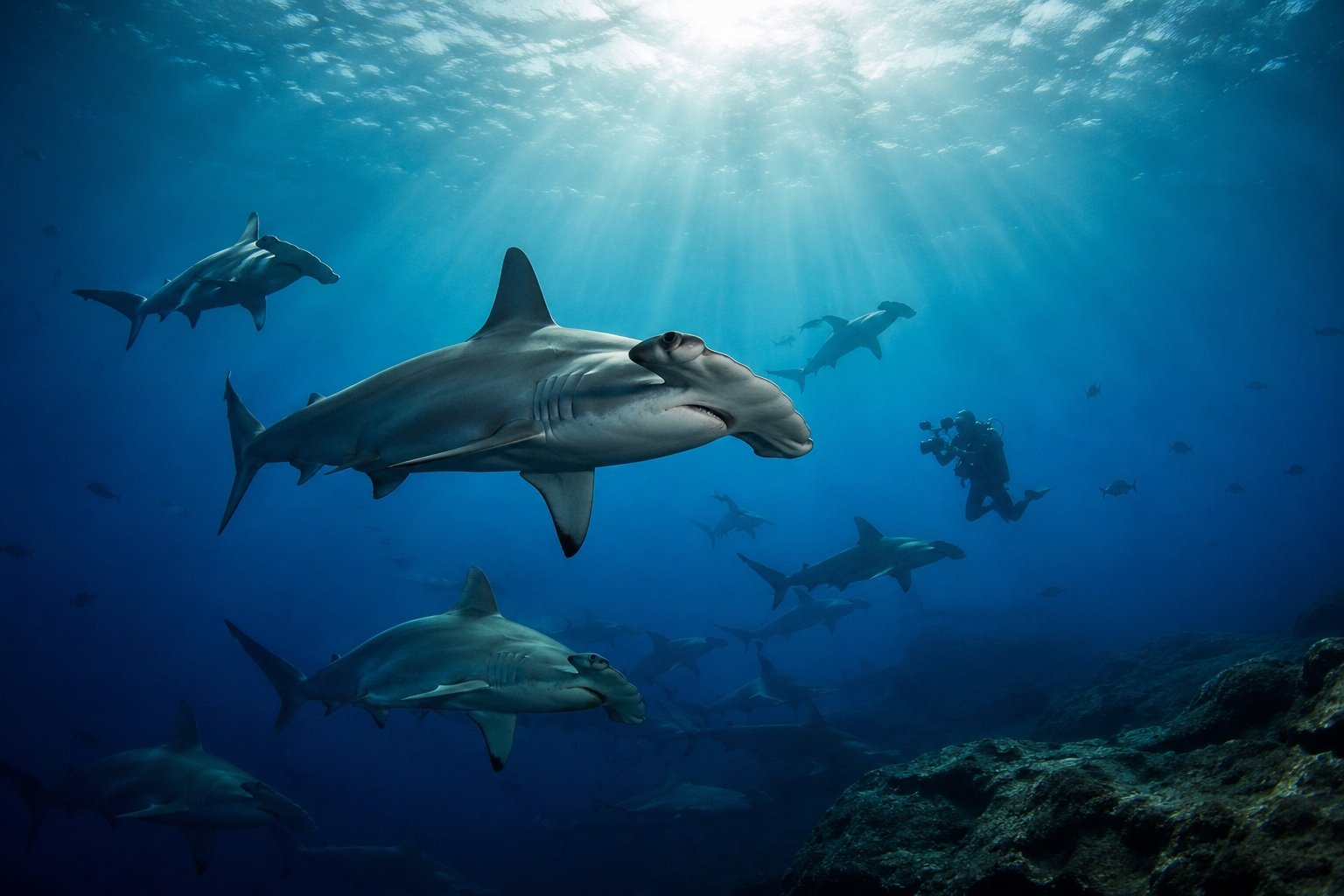 A hammerhead shark gliding through blue ocean water