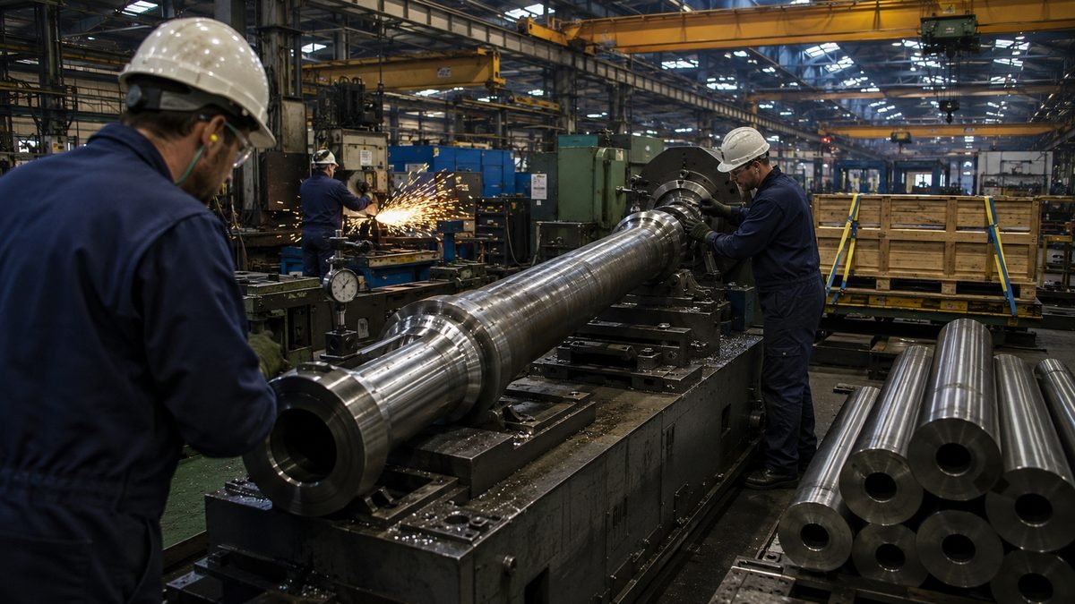 Engineers in a Sheffield forge machine a long steel artillery barrel as sparks fly across the factory floor