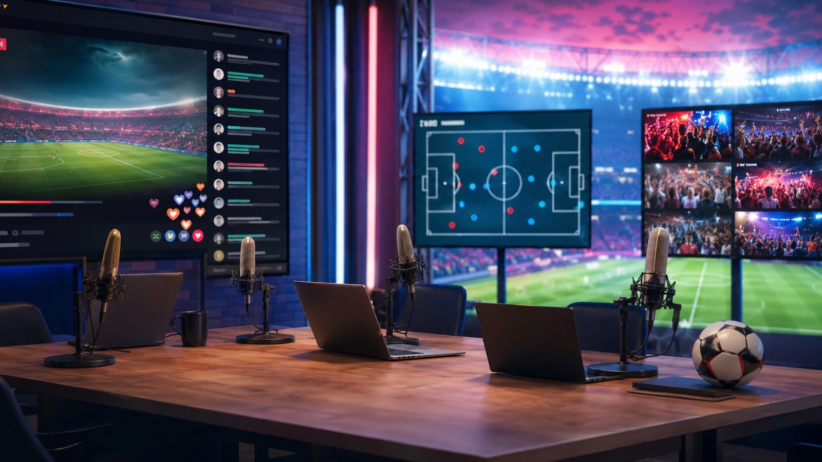 A live watchalong studio set-up with screens showing football