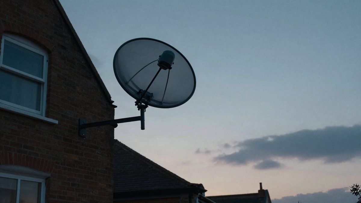 A satellite dish on a British house against a dusk sky