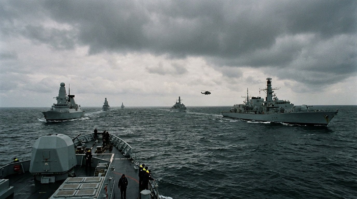Naval vessels at sea during a maritime exercise under overcast skies