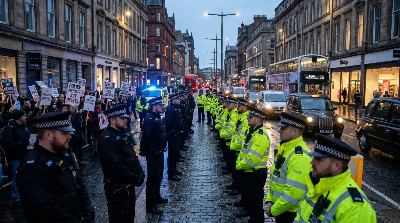 Police line facing demonstrators in a UK city street at dusk