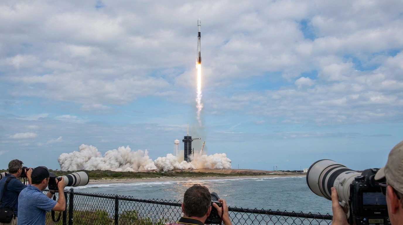 A Falcon 9 rocket lifting off from Cape Canaveral as SpaceX debuts on the Nasdaq