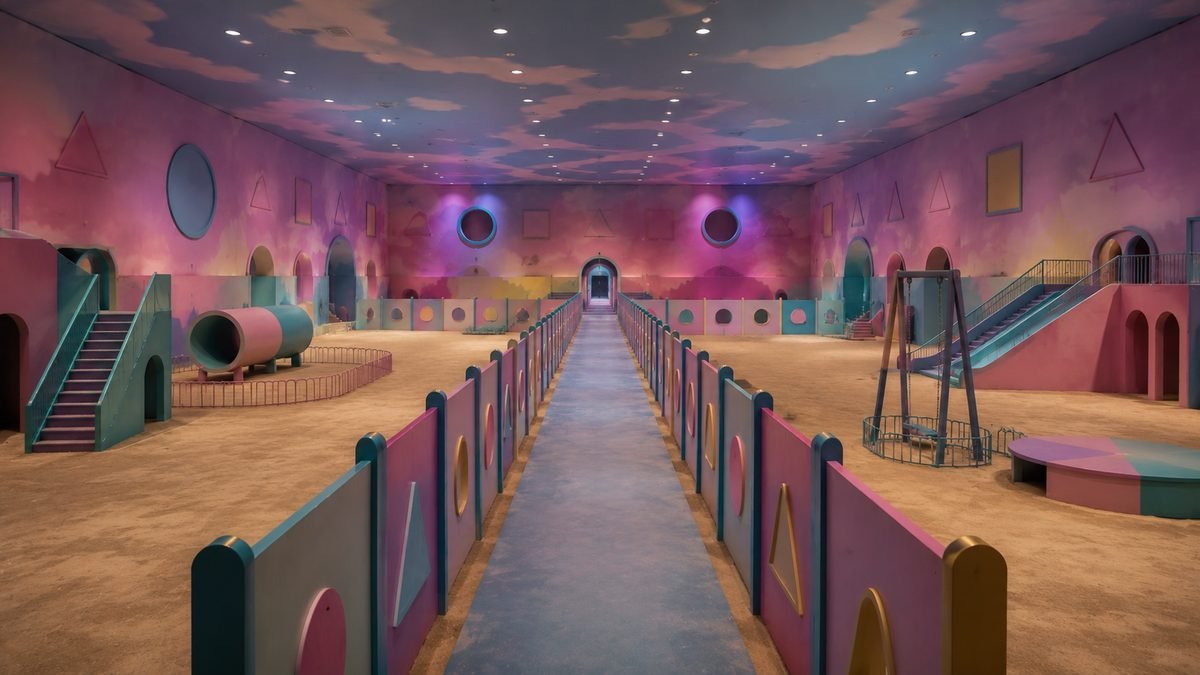 A giant pastel dormitory set with oversized staircases beneath a painted sky