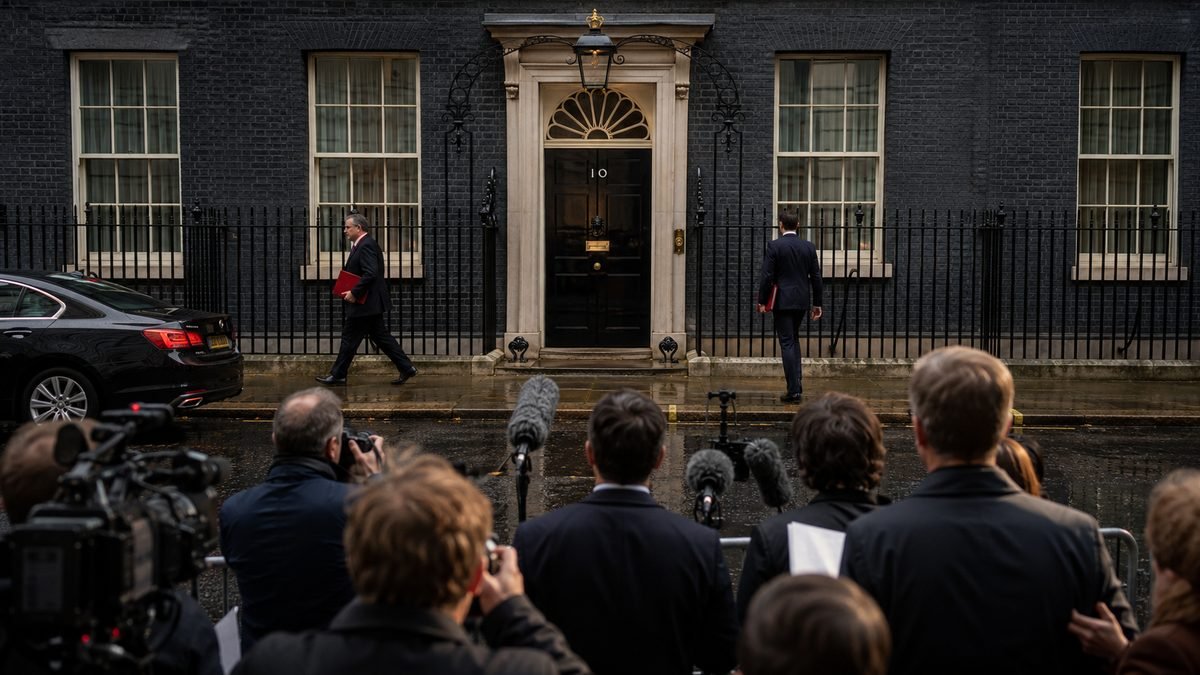 Two ministers carrying red boxes arrive at the No.10 Downing Street door as the press pack waits