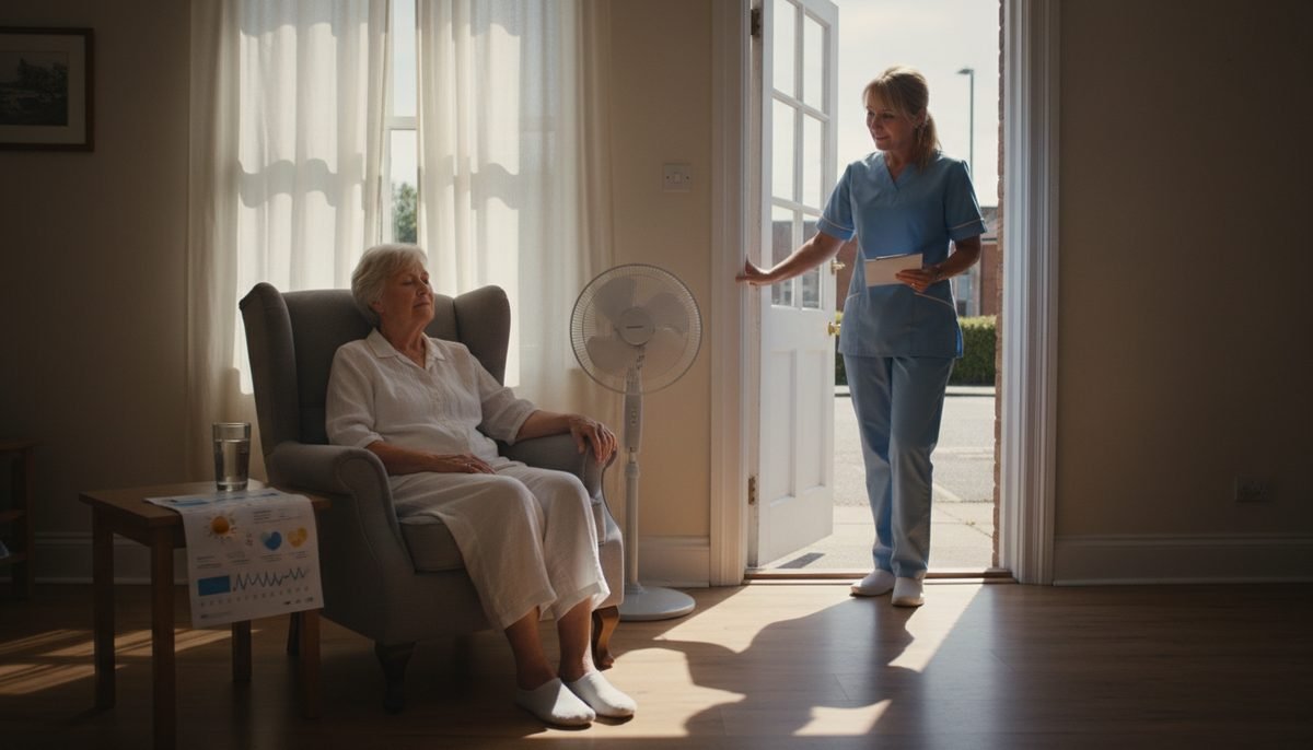 An elderly woman resting by an electric fan during a heatwave as a care worker checks in