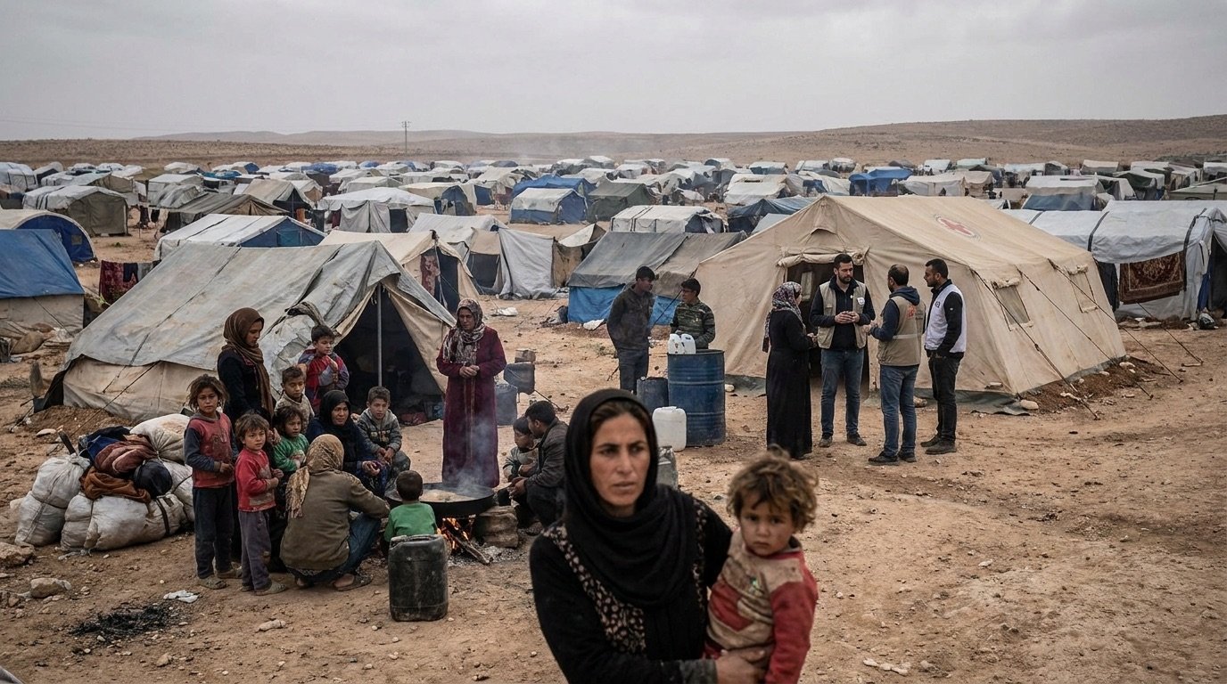 Displaced families gathered at a camp in a conflict zone