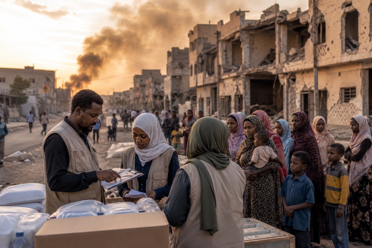 Aid supplies being unloaded in a dusty Sudanese city street