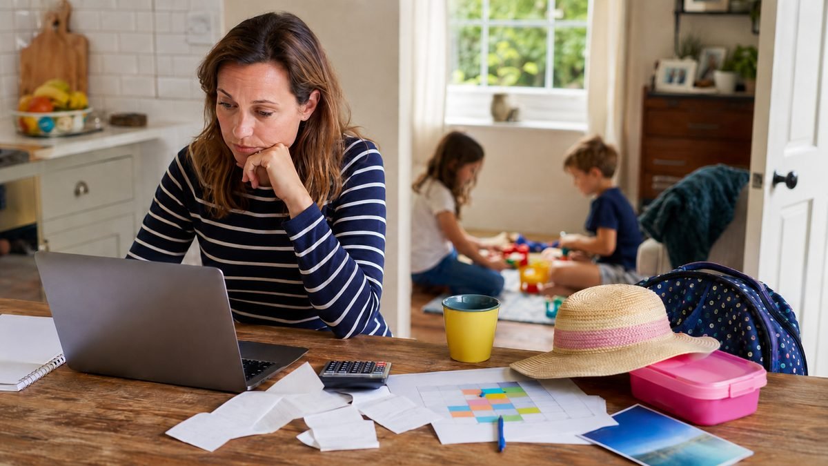 A mother reviews bills with a laptop and calculator at a kitchen table while her young children play nearby, a summer hat and lunchbox on the table
