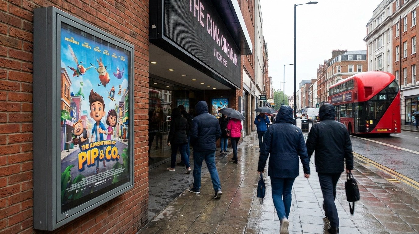 A colourful animated film poster displayed outside a busy multiplex