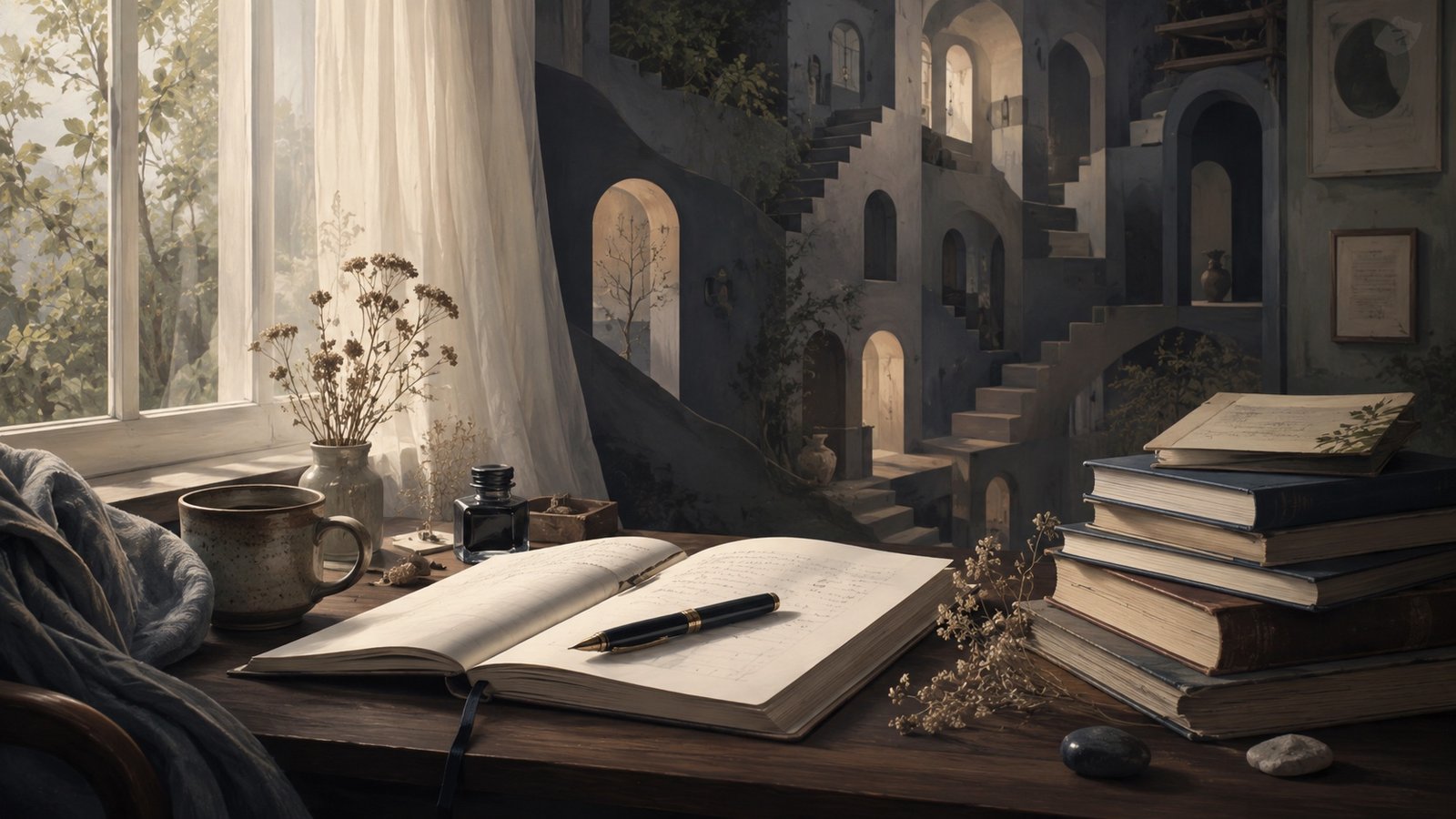 An open notebook and pen beside a window, evoking a writer working through illness