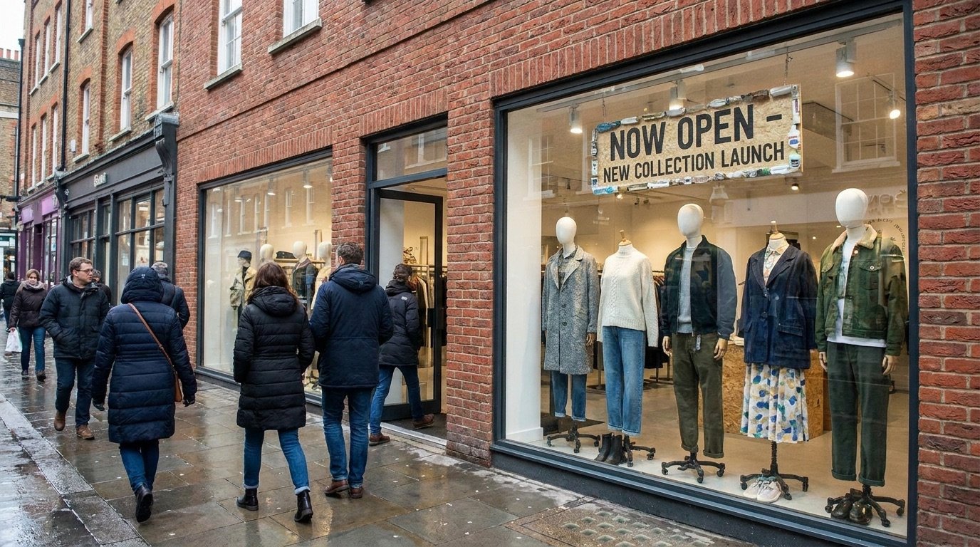 Boutique storefront displaying a new fashion brand launch