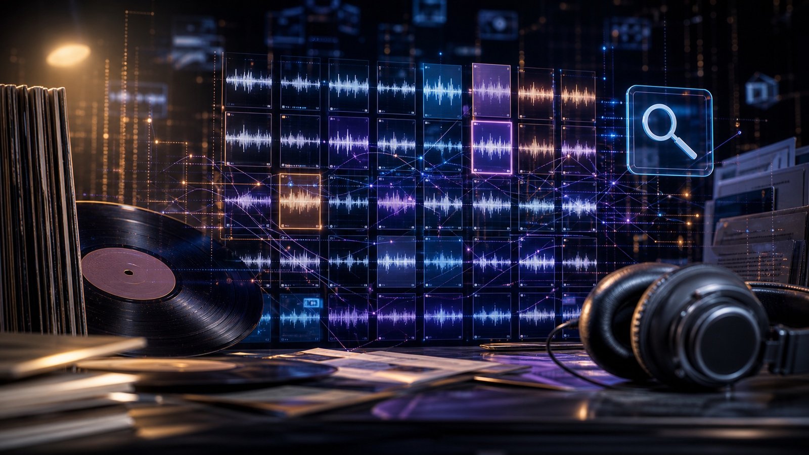 A dark digital audio archive with waveform tiles, records and headphones