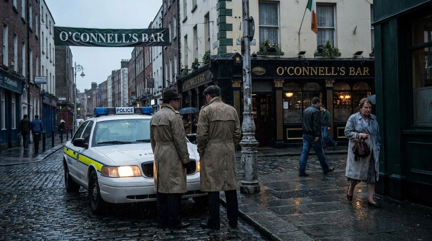A moody Irish city street setting for a darkly comic crime drama