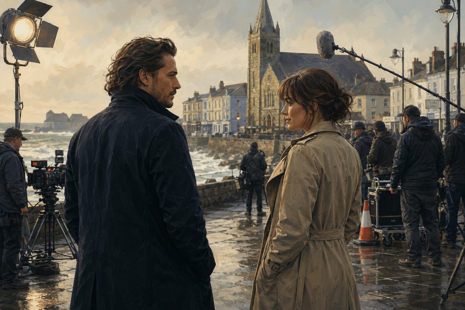 A windswept Welsh seaside promenade with a fairground and grey sky, film equipment cases stacked nearby