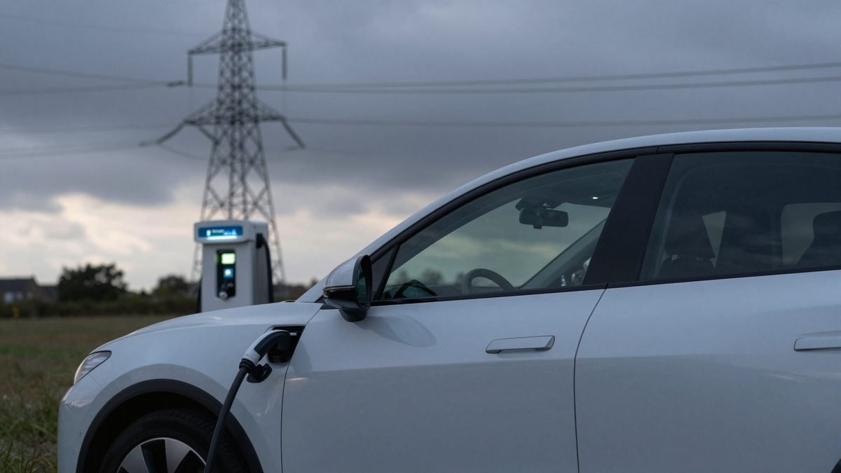 An electric car charging at a roadside charge point next to an electricity pylon at dusk