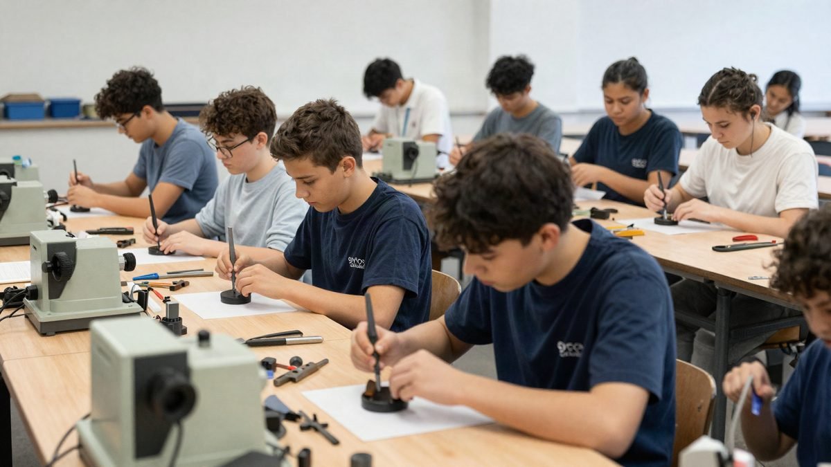 Teenage students working at benches in a school technical-education workshop