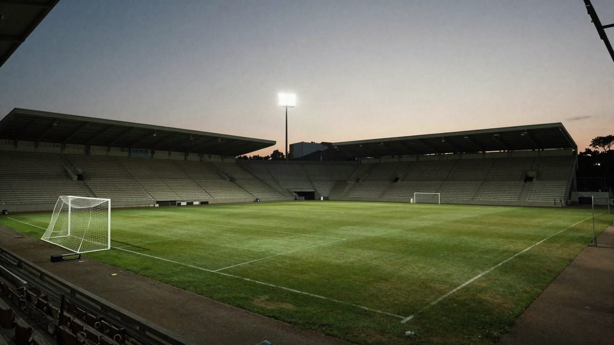 An empty small football stadium with goalposts under floodlights