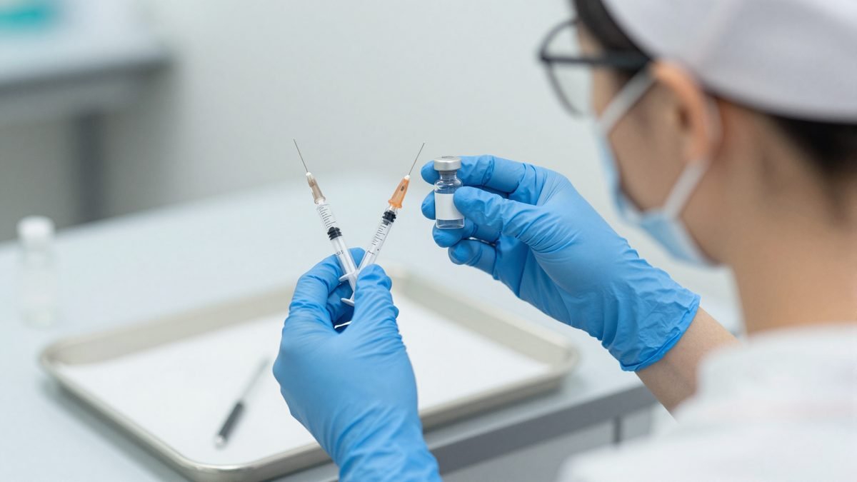 A teenager receiving a vaccination in the upper arm from a nurse wearing gloves at a clinic