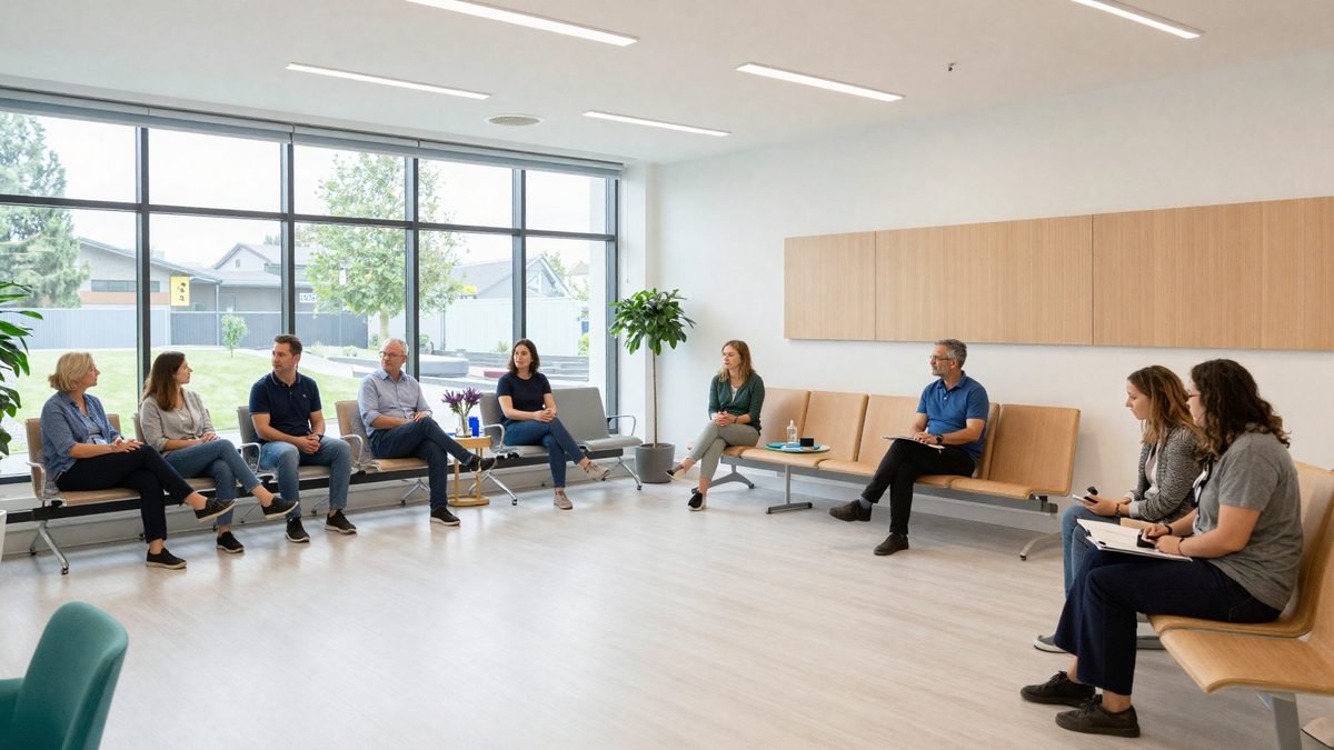 A modern NHS community health centre reception with patients waiting, bright and calm