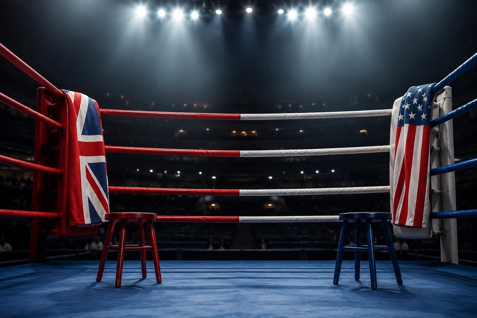 Boxing ring lit for a professional fight night