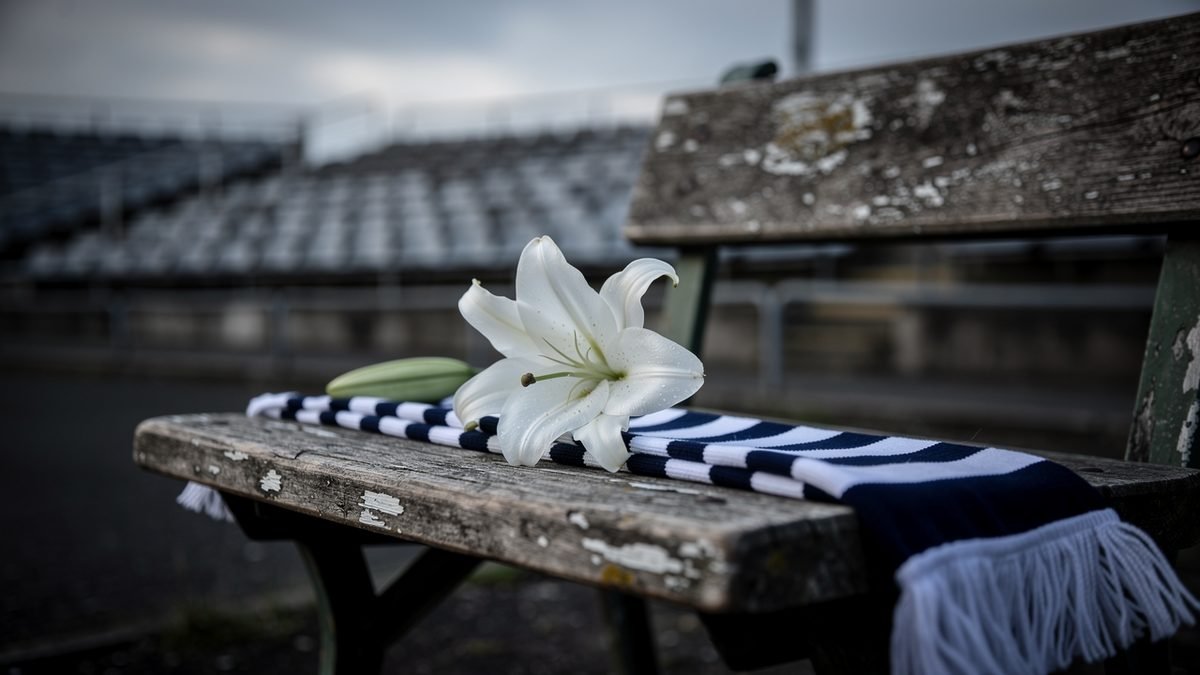 A white lily and a football scarf laid on an old wooden stadium seat in tribute