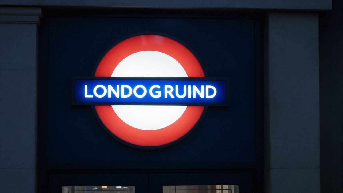 A London Underground roundel sign glowing at a dark station entrance at night