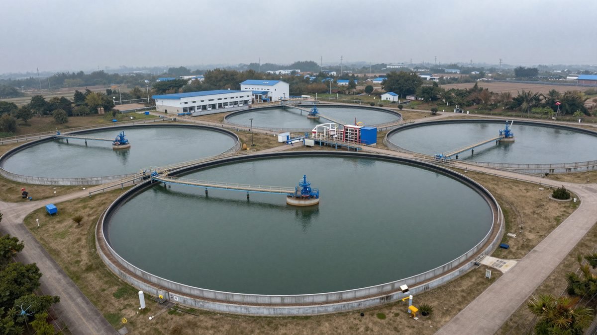 A large water treatment works with circular filtration tanks seen from above on a grey day