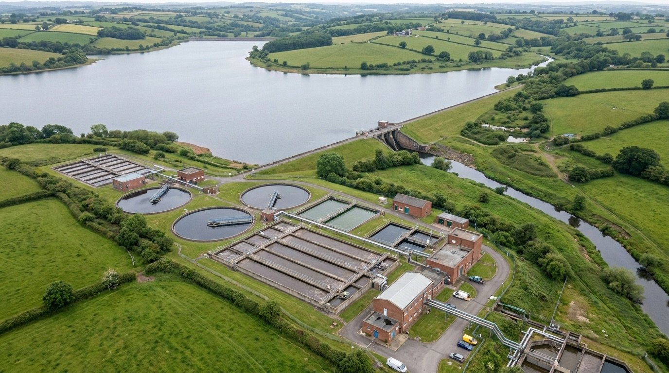 A reservoir and water treatment works seen from above