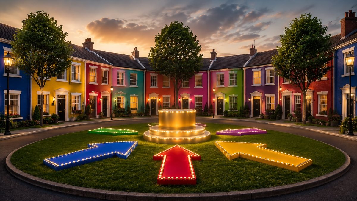 A circle of brightly coloured terraced houses with giant illuminated arrows on the green