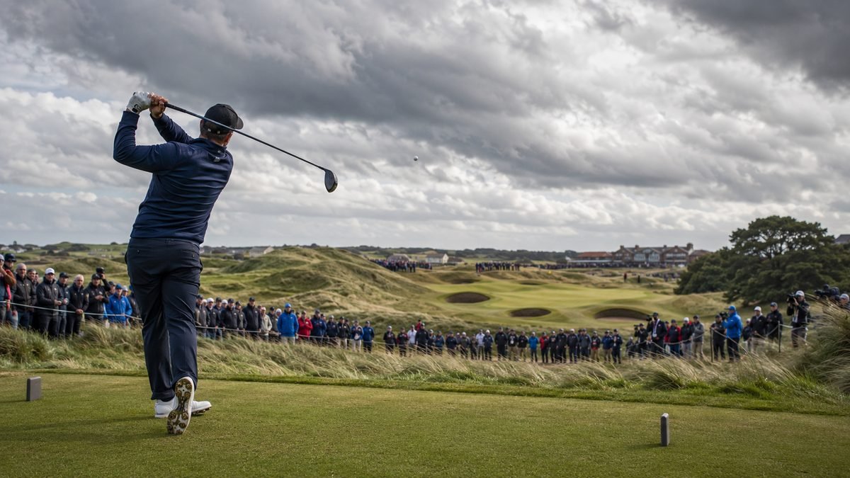 A golfer drives from an elevated tee over the dunes of a coastal links course as a large gallery watches under stormy skies